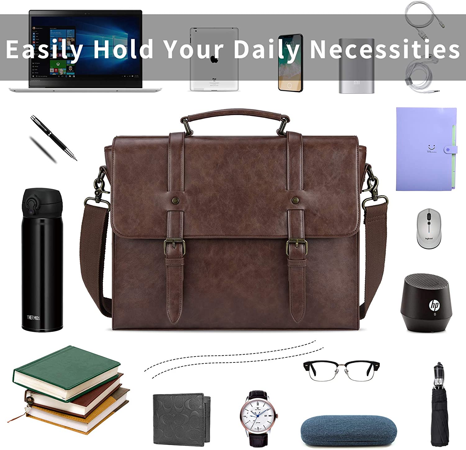 Leather Mens Messenger Bag Vintage 15.6 Inch Waterproof Leather Laptop Briefcase Large Satchel Shoulder Bag Retro Office College Computer Laptop Bag, Brown - Image 3